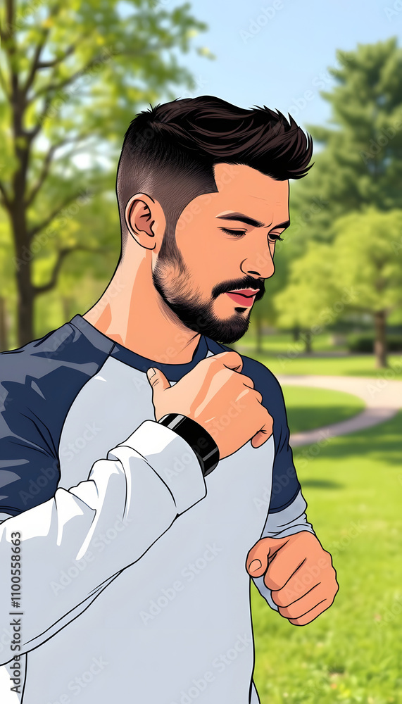 Fototapeta premium Man running smartwatch touch sports watch getting ready to run in the park. technology to check health while exercising isolated with white highlights, png