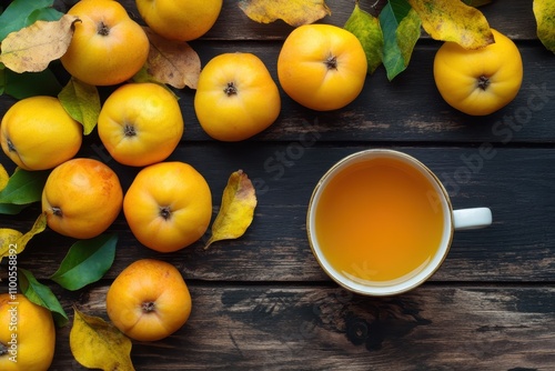 Top view of yellow quince fruit and a mug drink on a wooden surface Autumn harvest rich in vitamin C and tart flavor photo