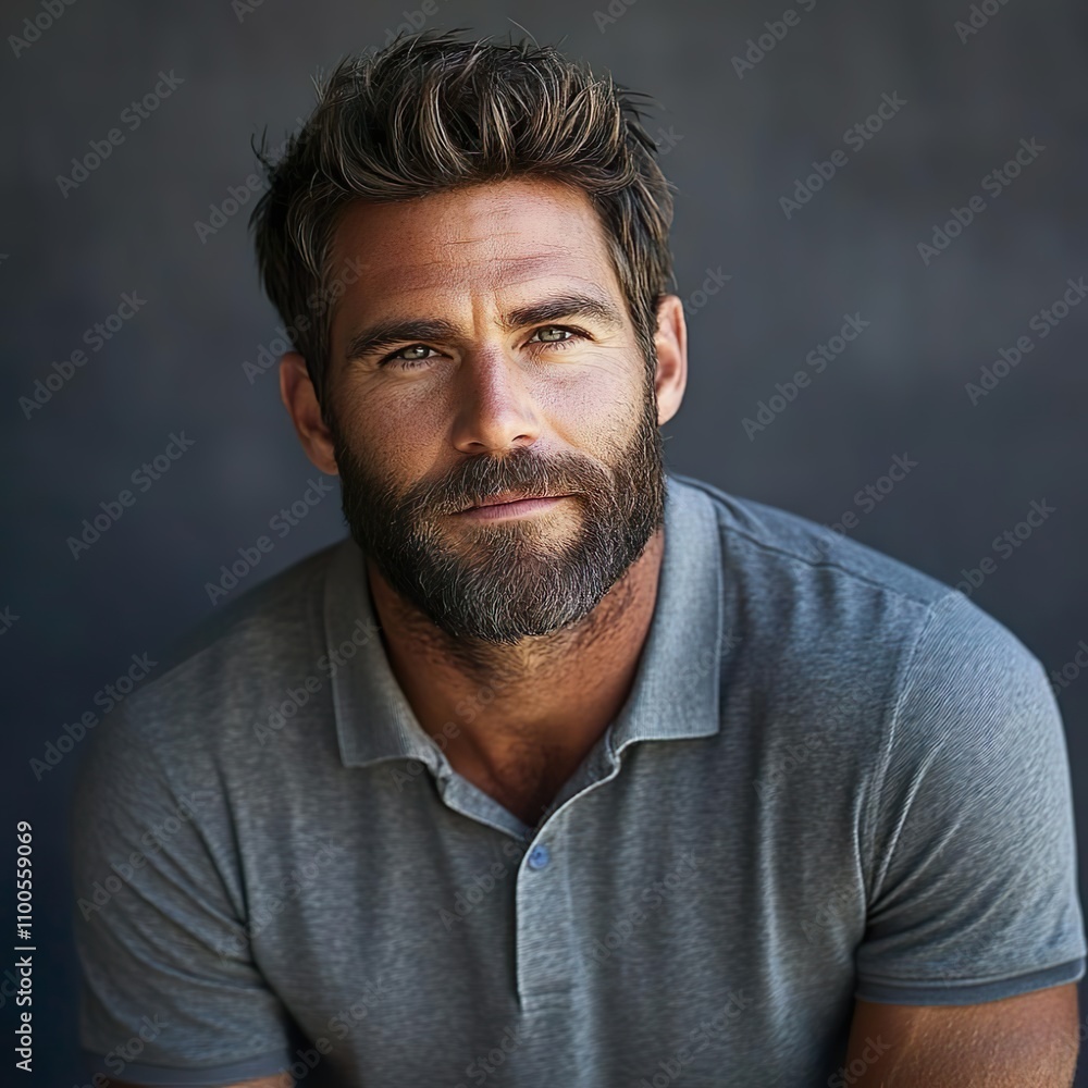 Fototapeta premium Portrait of Bearded Man in Casual Polo Shirt