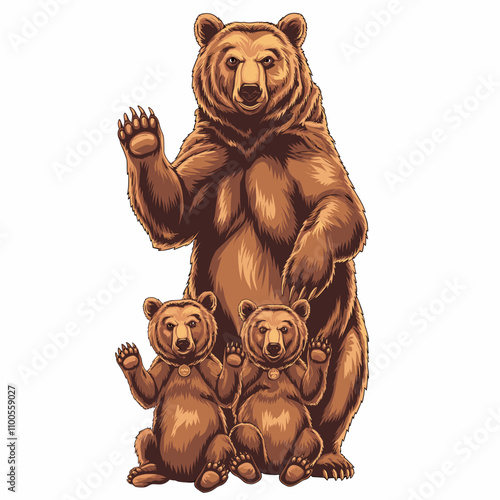 Mother Bear with Two Cubs Illustration