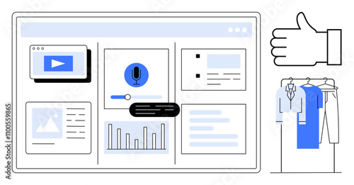 Business dashboard featuring media player, microphone button, charts, documents, and clothing rack with thumbs up hand. Ideal for business, analytics, media, fashion approval productivity
