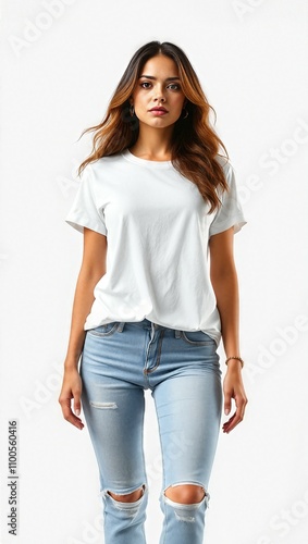 Casual young woman in ripped jeans and white T-shirt standing confidently in studio
