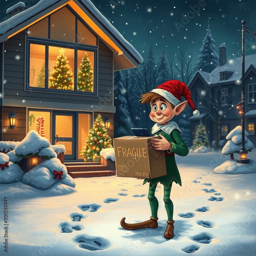 Cheerful elf delivering a fragile package in a snowy Christmas neighborhood at night
