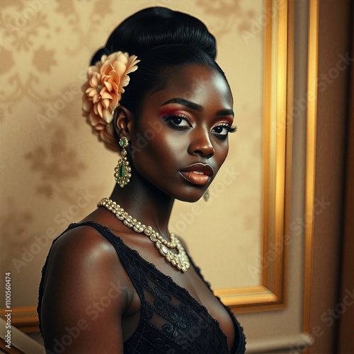 Elegant woman with floral hair accessory and luxurious jewelry in a classic interior setting
