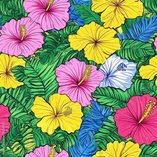 Wallpaper Mural Vibrant Tropical Hibiscus Floral Pattern Torontodigital.ca