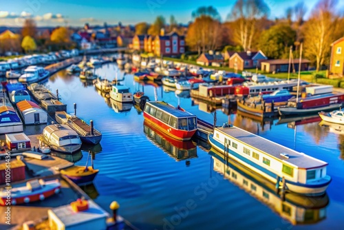 Aerial Tilt-Shift View of Campbell Wharf Marina with Moored Barges on a Sunny Winter Morning in Milton Keynes, Buckinghamshire, UK – Perfect for Scenic Photography Enthusiasts photo