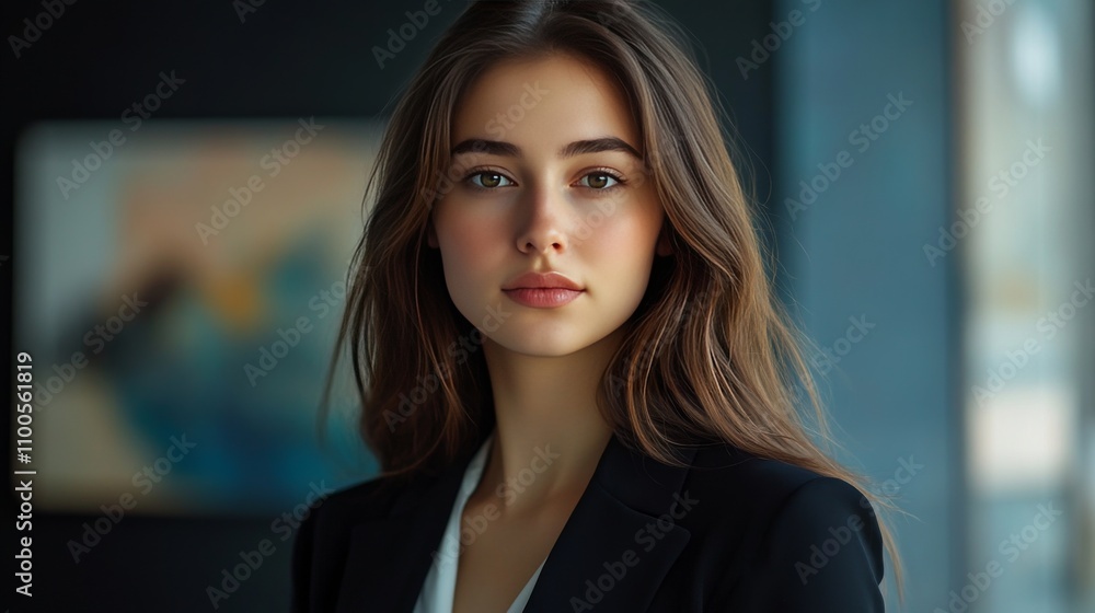 Fototapeta premium A determined businesswoman standing tall in a modern blazer, showing confidence and professionalism, perfect for corporate branding.