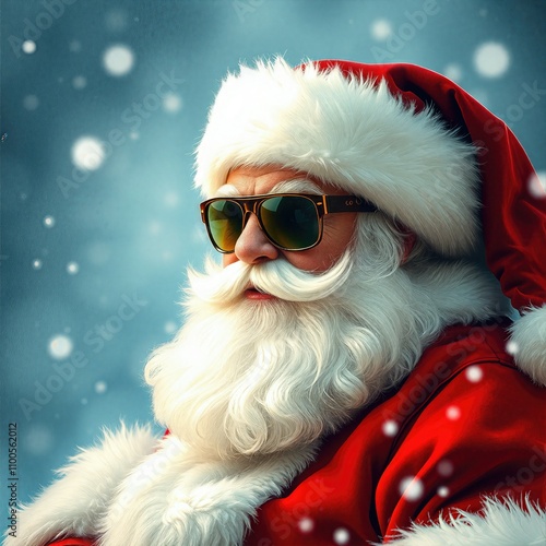 Stylish Santa Claus wearing sunglasses and traditional red suit in a snowy winter backdrop
