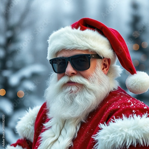 Cool Santa Claus in black sunglasses and red suit standing in a snowy forest scene
