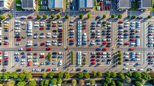 Aerial View of a Busy Parking Lot with Cars, Business Center, and Supermarket Nearby, Showcasing Well-Defined White Markings in a Modern Urban Setting