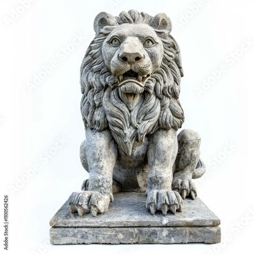 Weathered, carved stone statue of a powerful lion resting on a plinth