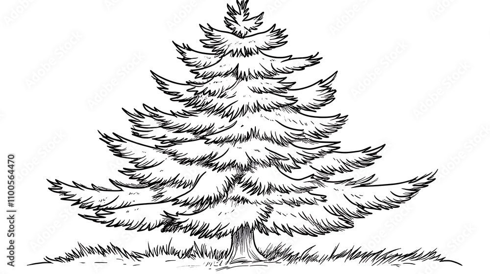 Obraz premium An extremely simple line drawing of a pine tree for a children's coloring page. The illustration features thick black outlines, no intricate details, no frame, and no shadows