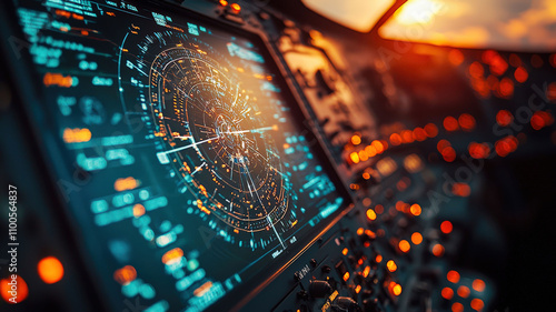 A close-up of a radar screen displaying various flight paths, with bright lines and blips indicating aircraft positions.  photo