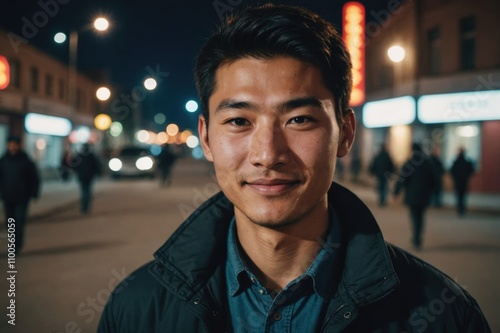 Close portrait of a smiling young Kyrgyz man looking at the camera, Kyrgyz city outdoors at night blurred background photo