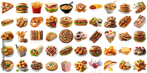 huge set collection of vious types of fast food international and american like burger pizza asian mexican isolated white background.  mostly ki generated big collage of worlds best junk food. photo