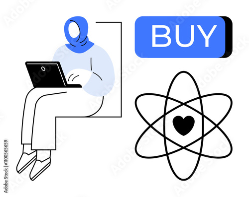 Woman in hijab using a laptop, large blue BUY button, heart within an atom symbol. Ideal for tech, online shopping, e-commerce, womens empowerment, digital love, apps, educational themes. Line