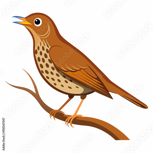 A charming vector illustration of a Wood Thrush bird singing harmoniously while perched on a tree branch, ideal for nature, wildlife, and bird-themed design projects.