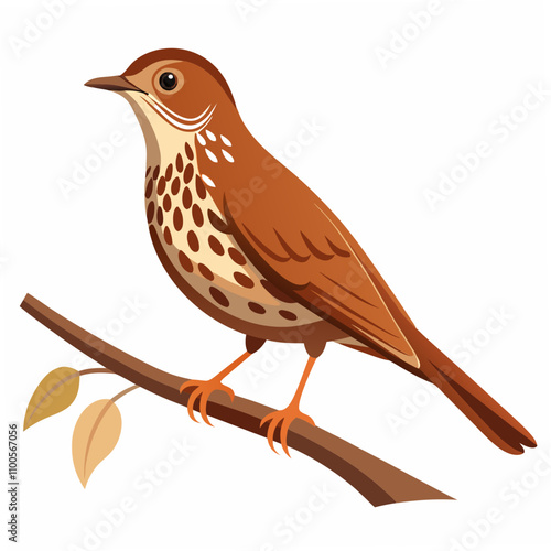 A charming vector illustration of a Wood Thrush bird singing harmoniously while perched on a tree branch, ideal for nature, wildlife, and bird-themed design projects.