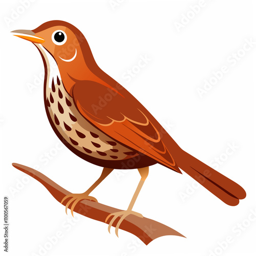 A charming vector illustration of a Wood Thrush bird singing harmoniously while perched on a tree branch, ideal for nature, wildlife, and bird-themed design projects.