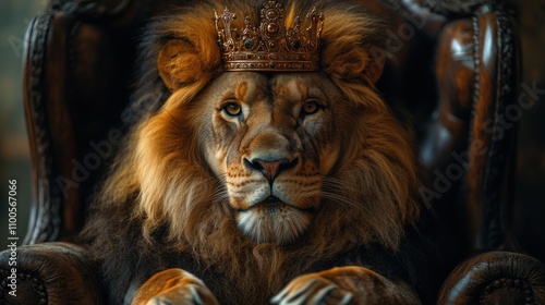 Lion sitting on ornate throne wearing golden crown, king of the jungle royalty concept, powerful and regal image, dominance and authority symbolism, majestic wildlife photography photo