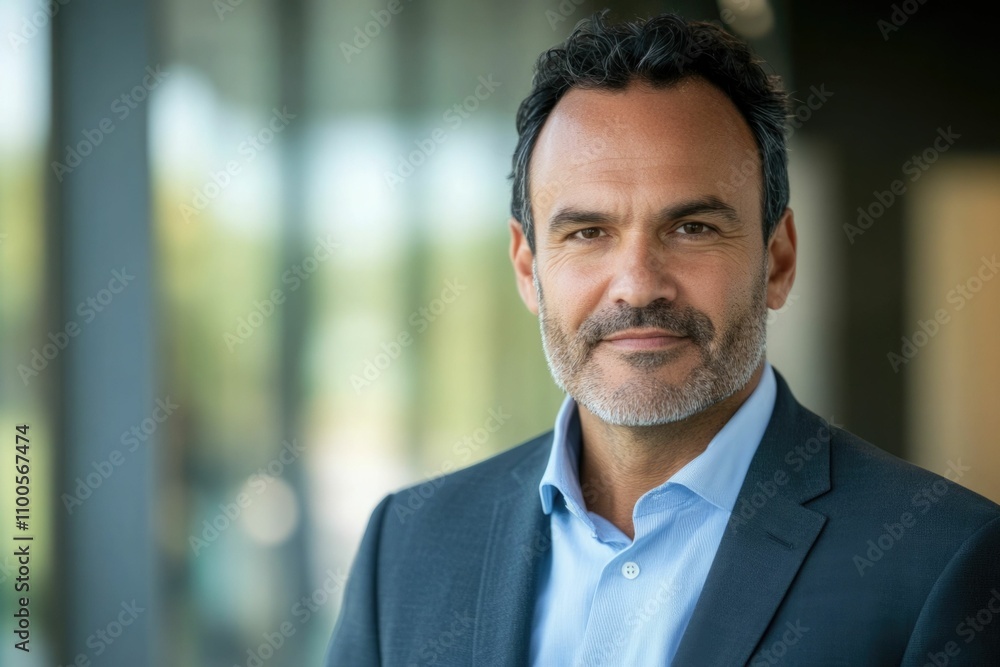 Fototapeta premium Headshot close up portrait of America or Europe confident mature good looking middle age leader, ceo male businessman on blur office background. Handsome hispanic senior business man smiling at camera