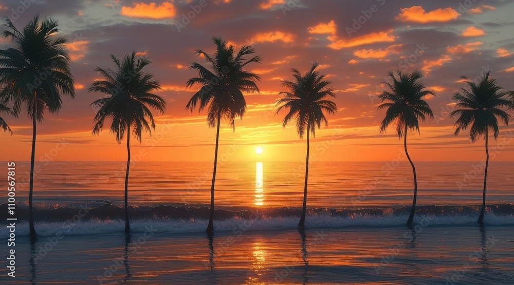 Obraz premium Enchanting Tropical Sunset: Nature's Colorful Masterpiece