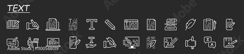 Set of text related vector line icons. Contains such icons as write review, creative article writing, internet content, editing and more. Grey background.