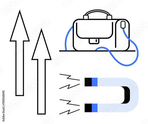 Arrows pointing upward, a briefcase symbolizing career, and a magnet attracting elements. Ideal for business strategy, career advancement, job search, recruitment, motivation, networking