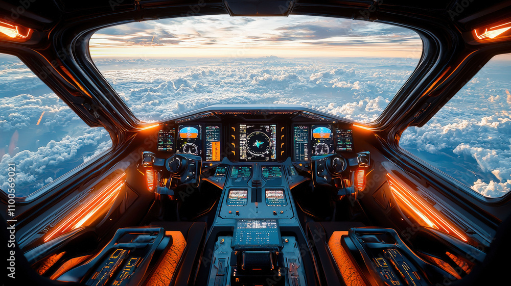 A cockpit featuring advanced controls and glowing screens, providing a panoramic view of clouds, creating an immersive flying experience. A cockpit featuring advanced controls and glowing screens, providing a panoramic view of clouds, creating an immersive flying experience.
