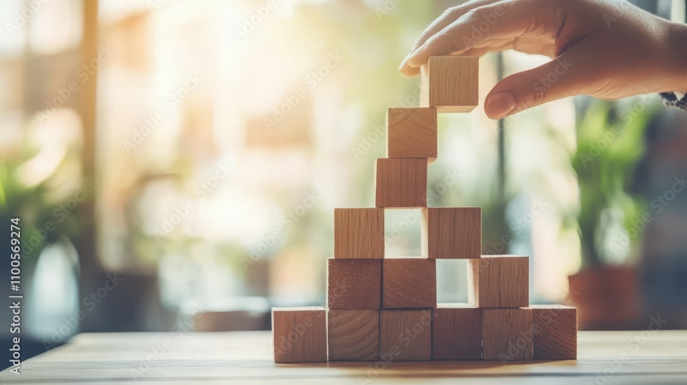 Close up hand stacking wood blocks, copy space and business development concept Close up hand stacking wood blocks, copy space and business development concept