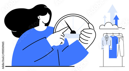 Woman adjusting a speedometer needle, rising arrows in the background, and hanging clothes on a rack. Ideal for business growth, personal development, goal setting, progress tracking, performance