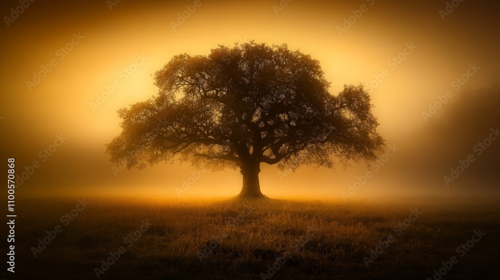 Majestic ancient oak in a misty dawn field, towering silhouette against soft morning light, evoking tranquility and the timeless beauty of nature's resilience Majestic ancient oak in a misty dawn field, towering silhouette against soft morning light, evoking tranquility and the timeless beauty of nature's resilience