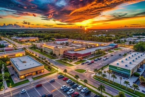 Aerial View of North Port, Florida's Shopping Plaza and Highway at Sunset, Showcasing Retail Stores, Malls, and Traffic Flow in a Vibrant American Urban Landscape photo