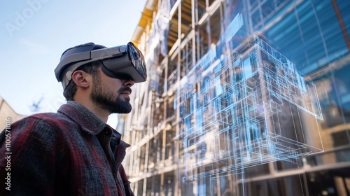 Architect engaging with augmented reality to visualize innovative building designs at a construction site, blending digital elements with real-world surroundings.