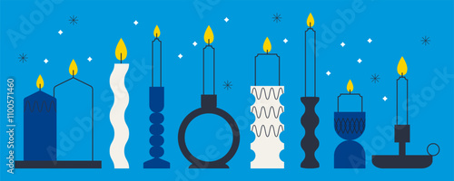 Candle silhouettes set. Various vintage candle holders. Candlestick collection. Modern home interior decor elements. Burning candles vector illustration. Flat trendy abstract style background