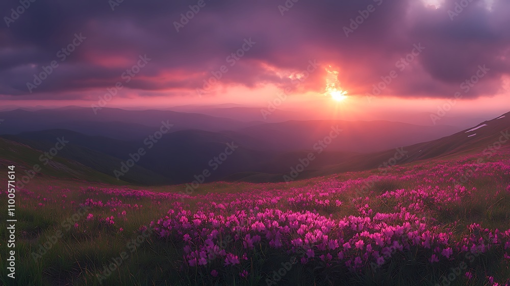 Fototapeta premium A breathtaking sunrise over the Carpathian Mountain hill background