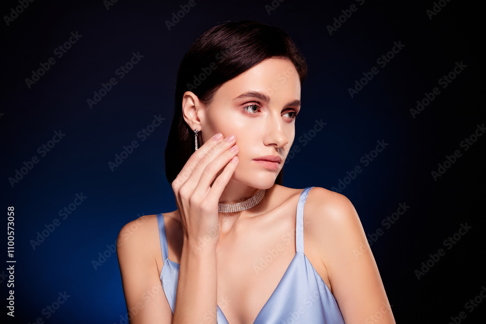 Photo of attractive girl look profile side touch face isolated dark color background Photo of attractive girl look profile side touch face isolated dark color background
