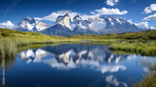 Serene lake reflecting majestic mountain peaks, tranquil waters create a perfect mirror image, showcasing nature's beauty and harmony in a pristine landscape.
