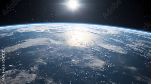 Fototapeta Naklejka Na Ścianę i Meble -  Futuristic space station view overlooking earth, ideal for sci-fi themes, space exploration, and futuristic presentations. Futuristic. Illustration