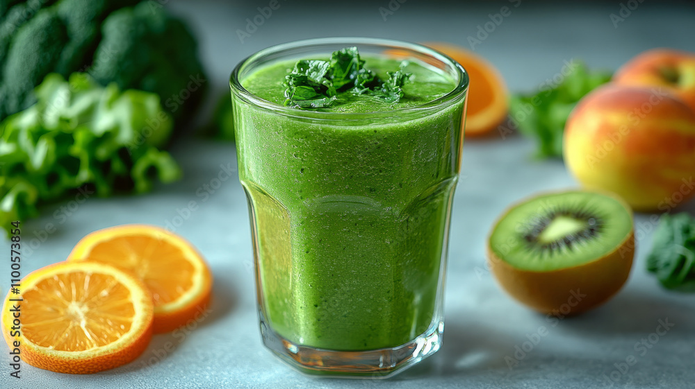 Fototapeta premium Glass of green smoothie with fruits and vegetables