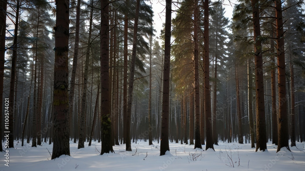Fototapeta premium Sunlit winter pine forest with snow-covered ground.