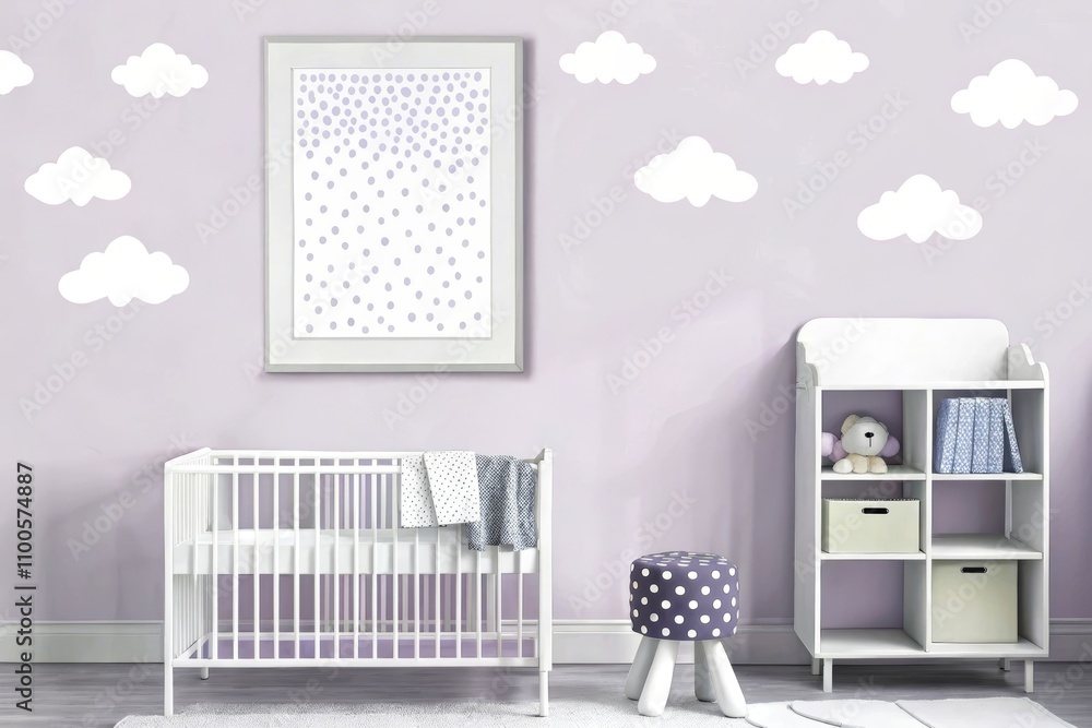 Obraz premium Playful poster mockup in a pastel-themed nursery with whimsical wallpaper, colorful wooden toys, and a cozy tented reading nook, creating a dreamy and creative environment