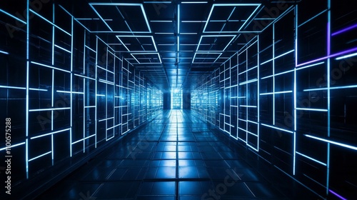 Futuristic Corridor Interior with Glass Doors and Modern Architecture in Urban Office Building