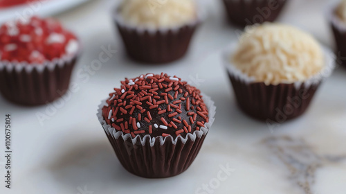 Brigadeiros of different colors placed on a white table photo