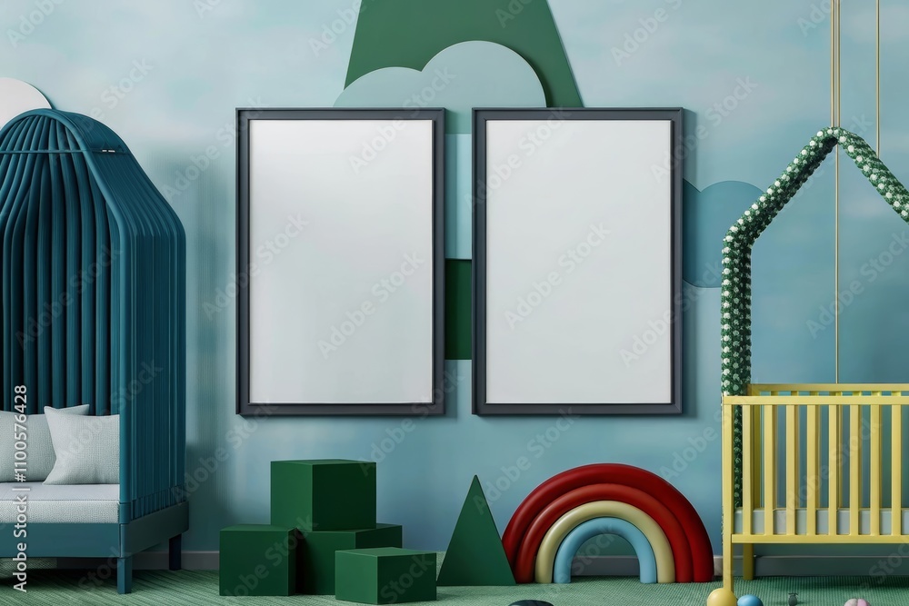 Obraz premium Colorful nursery with geometric wallpaper, red crib, matching dresser, and two blank posters for mockup