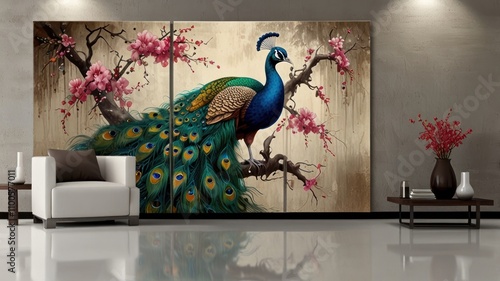 Triptych peacock artwork on canvas in modern living room.