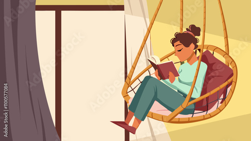 Rest and relaxation concept. The girl is sitting in a swing chair and reading a book. Time after work. Cozy atmosphere in the house. Cartoon flat vector illustration isolated on a white background