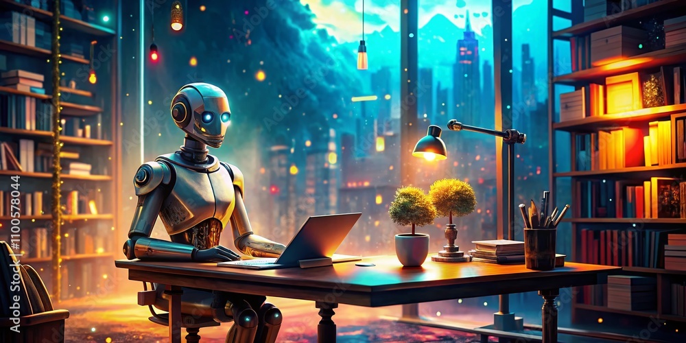 A Panoramic View of an AI Chatbot Assisting in Novel Writing, Blending Technology and Creativity in a Futuristic Workspace Filled with Ideas and Inspiration A Panoramic View of an AI Chatbot Assisting in Novel Writing, Blending Technology and Creativity in a Futuristic Workspace Filled with Ideas and Inspiration