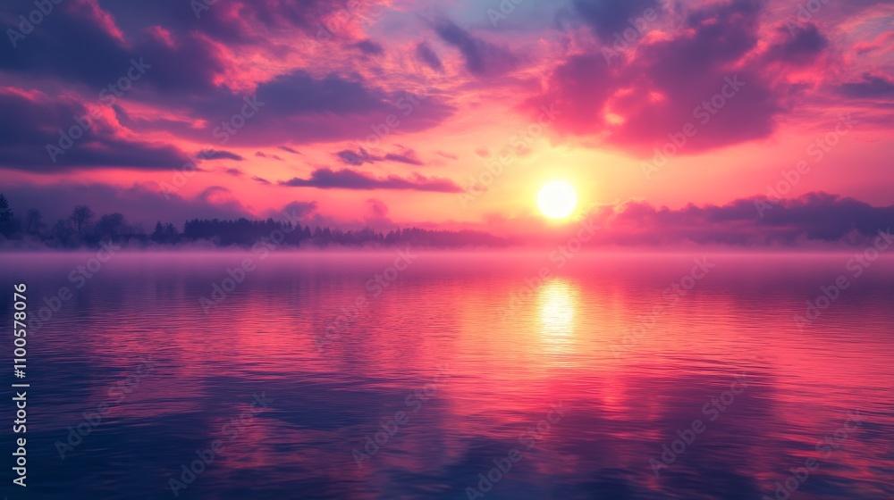 Obraz premium Vibrant Sunset Over Misty Lake With Silhouetted Trees