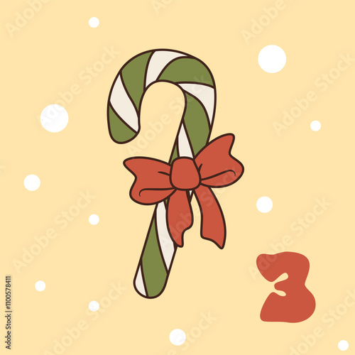 Xmas candy cane with bow isolated on yellow background. Christmas advent calendar design, day 3. Vector groovy style illustration
